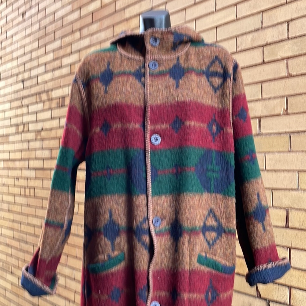 Vintage Woolrich Aztec blanket Hooded Wool Reversible Long Coat Size Large - Picture 6 of 13